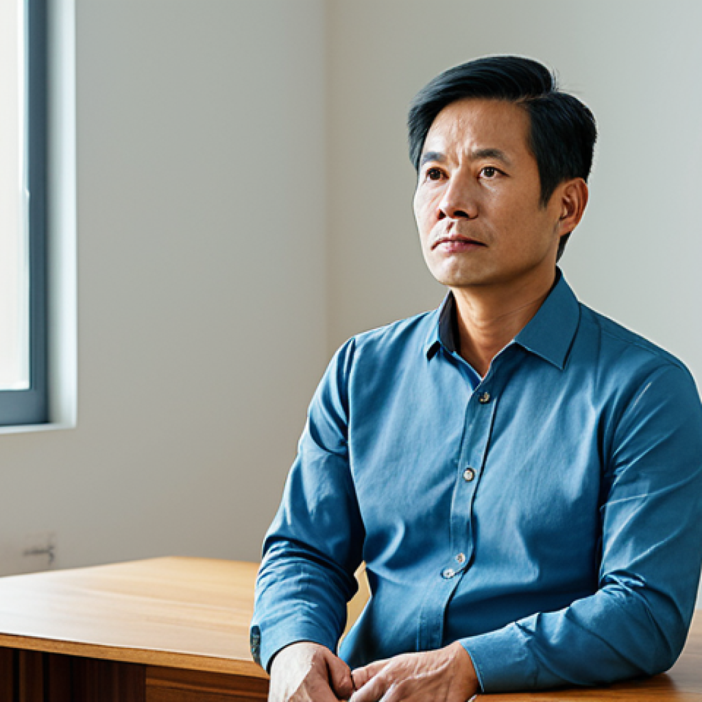A Vietnamese man in his 40s, with a calm, determined expression, wearing a modest, smart casual outfit. He is seated thoughtfully at a simple wooden desk in a well-lit, modern apartment with a subtle, hopeful glow from a window. The scene conveys a sense of quiet strength and a new beginning. Professional photography, high resolution, soft lighting, perfect anatomy, correct proportions, natural pose, well-formed hands, proper finger count, natural body proportions, fully clothed, appropriate attire, modest clothing, safe for work, appropriate content, professional.