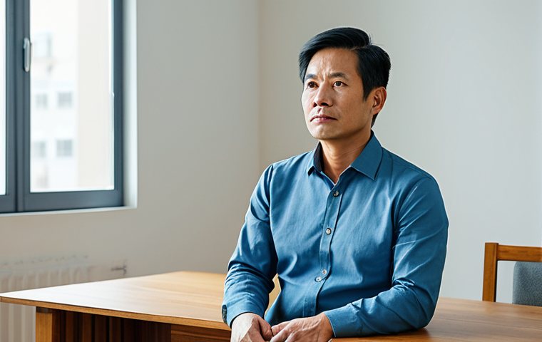 A Vietnamese man in his 40s, with a calm, determined expression, wearing a modest, smart casual outfit. He is seated thoughtfully at a simple wooden desk in a well-lit, modern apartment with a subtle, hopeful glow from a window. The scene conveys a sense of quiet strength and a new beginning. Professional photography, high resolution, soft lighting, perfect anatomy, correct proportions, natural pose, well-formed hands, proper finger count, natural body proportions, fully clothed, appropriate attire, modest clothing, safe for work, appropriate content, professional.