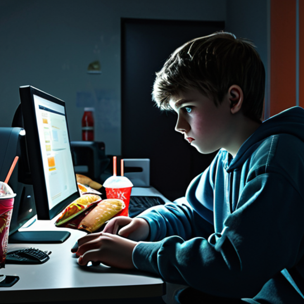 Isolated Teenager**

A teenager in a dimly lit room, fully clothed in modest clothing, staring at a bright computer screen. The room is messy, with fast food wrappers and empty drink containers scattered around.  Expression of sadness and loneliness.  Safe for work, appropriate content, perfect anatomy, natural proportions, professional, digital art, somber colors, realistic lighting.

**