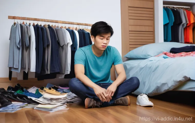 쇼핑 중독 회복 사례 - The Overwhelmed Shopper's Dilemma**
A young adult, perhaps in their late 20s to early 30s, sits on t...