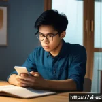 Home 18 인터넷 중독 치료 프로그램 - A young Vietnamese adult sitting at a desk in a modern bedroom, staring anxiously at a smartphone wi...