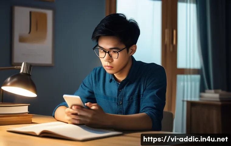 인터넷 중독 치료 프로그램 - A young Vietnamese adult sitting at a desk in a modern bedroom, staring anxiously at a smartphone wi...