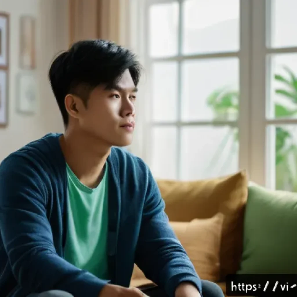 마약중독과 약물의존 - A detailed scene showing a young Vietnamese adult male in casual clothing sitting thoughtfully in a ...