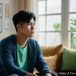 Home 16 마약중독과 약물의존 - A detailed scene showing a young Vietnamese adult male in casual clothing sitting thoughtfully in a ...