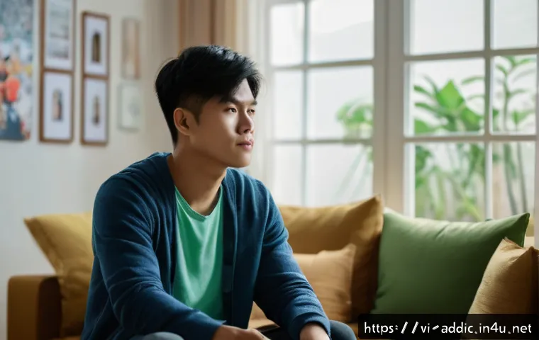 마약중독과 약물의존 - A detailed scene showing a young Vietnamese adult male in casual clothing sitting thoughtfully in a ...