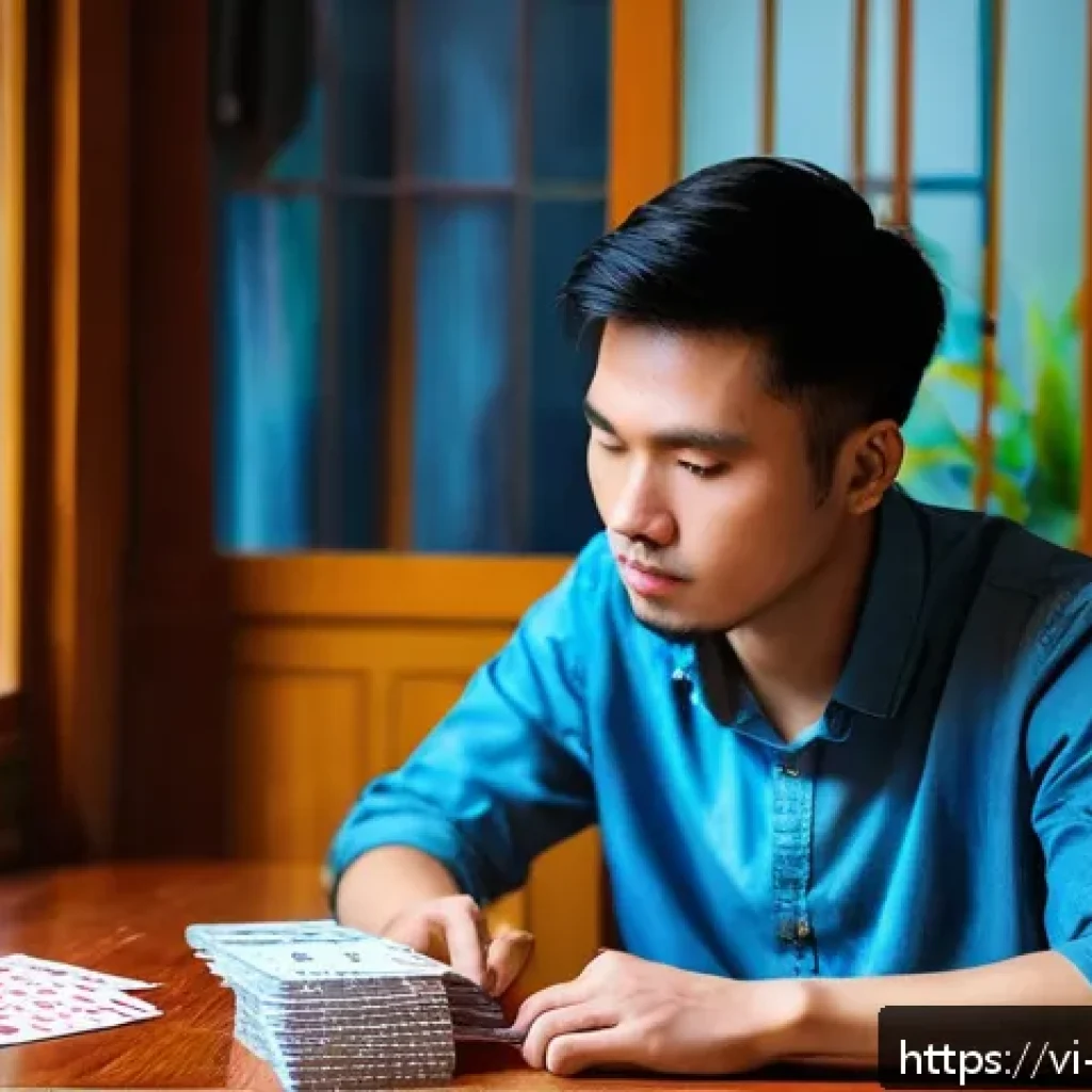 도박 중독과 직업 치료 - A Vietnamese young adult man sitting at a traditional wooden table in a cozy Hanoi apartment, appear...