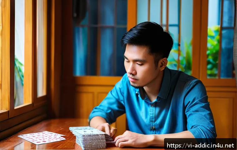 도박 중독과 직업 치료 - A Vietnamese young adult man sitting at a traditional wooden table in a cozy Hanoi apartment, appear...