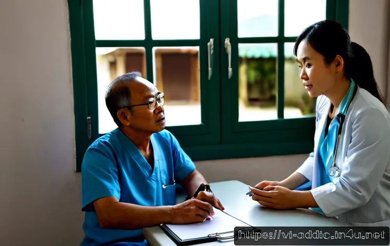 Home 17 알콜중독 증상별 진단법 - Photorealistic Vietnamese family doctor calmly assessing a middle-aged Vietnamese man showing possib...