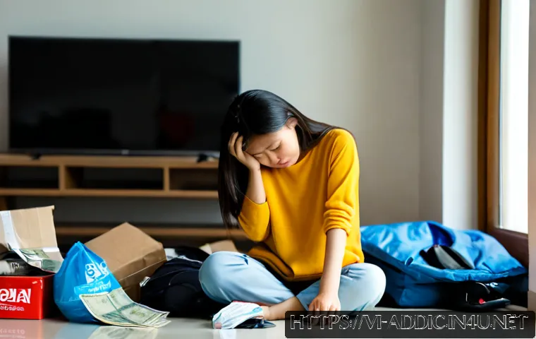 Home 17 쇼핑 중독과 후유증 - Photorealistic Vietnamese apartment living room, overwhelmed young Vietnamese woman sitting on the f...